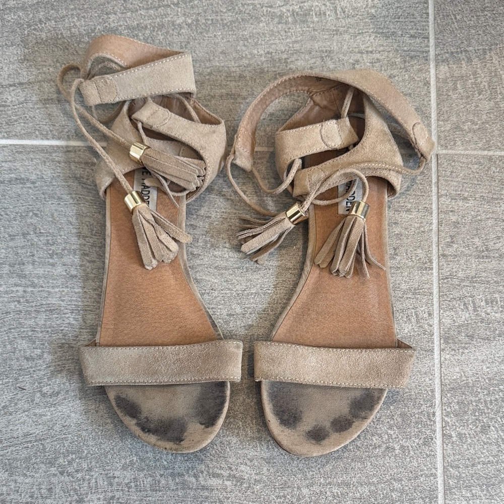 Steve Madden Taupe Suede Tassel Ankle-Tie Sandals